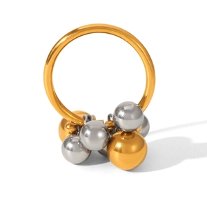 Vue détaillée des billes métalliques bicolores or et argent sur une bague en acier