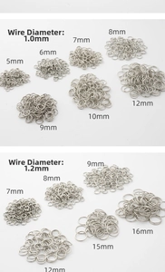Detailed chart of various sizes for silver jewelry jump rings with wire diameter specs
