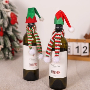 Christmas wine bottle cover set with green elf hat and red striped knitted scarf decor