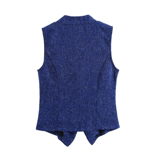 Rear view of navy blue sleeveless suit top with swallowtail hem and textured fabric