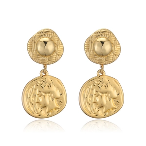 Vintage 18K gold plated bow leaf earrings with geometric discs and a polished finish
