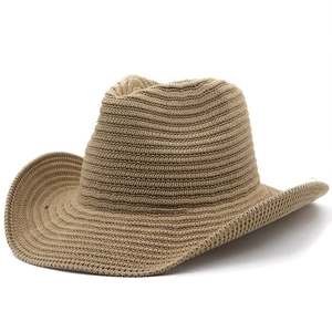 Close-up of khaki woven fedora hat showing detailed knit texture and curved brim detail