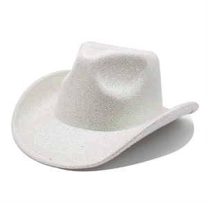 Sparkly white sequin western cowboy hat with wide brim and glitter finish for party