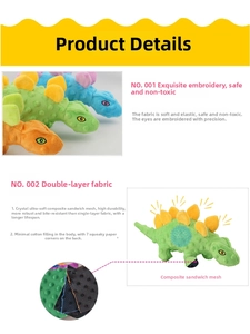 Detail of durable dual-layer fabric and built-in squeaker on dinosaur plush dog toy