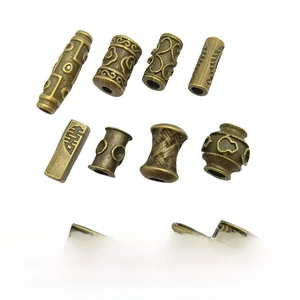 Macro detail of antique bronze spacers with traditional Chinese Longevity Shou patterns