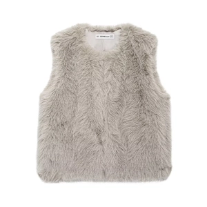 Women Faux Fur Vest Elegant Round Neck Sleeveless Solid Grey Winter Outerwear Warm Gilet With Concealed Buttons