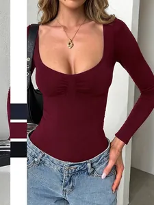 T-Shirt A Maniche Lunghe Aderente Da Donna Davanti Arricciato Scollo A U Basso Tinta Unita Sexy Poliestere Spandex Top