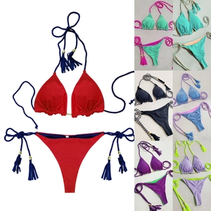 Women Sexy Bikini Contrast Color Braided Straps Tassel Gold Metal Hardware Beachwear Swimsuit Top And Bottom