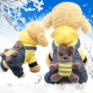 Winter pet warm jumpsuit with yellow hoodie, blue denim overalls and plush bear decor
