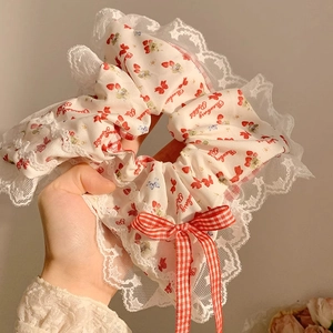 French retro oversized strawberry rabbit scrunchie with lace trim and red plaid bow tie