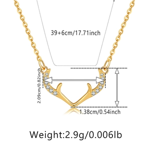 Detail showing gold reindeer antler necklace dimensions and sparkling zircon pendants
