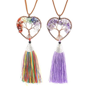 Heart Tree Of Life Pendant Natural Stone Copper Wire Handmade Woven Hanging Ornament Tassel Car Rearview Mirror Decor