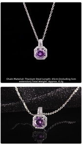 Detailed view of titanium steel necklace with purple zircon pendant and 45cm chain length