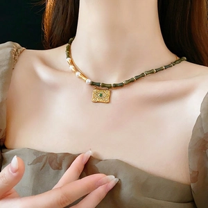 Collana Perline Giunto Bambù Verde Vintage Perla Artificial Sintetica Ciondolo Rettangolare Malocchio Acciaio Titanio Rame Donna