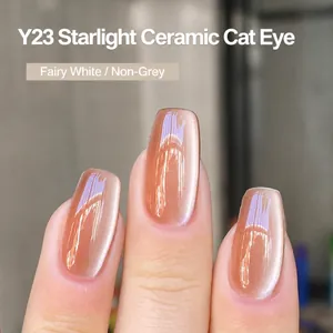 Cat eye nail polish in shade Y23 with crystal pink starlight effect on fingernails