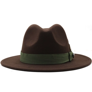 Classic brown wool fedora with olive grosgrain ribbon and decorative side feathers