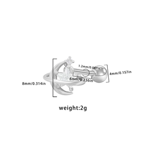 Detail showing dimensions of silver moon and star stud with screw ball back closure