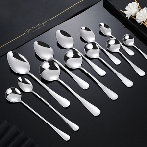 Set of 12 mirror polished stainless steel spoons in various sizes on black background