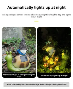 Solar powered garden gnome on snail statue with automatic LED lights for night garden decor
