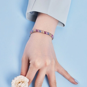 Elegant S925 sterling silver tennis bracelet with colorful trapezoid zircon stones