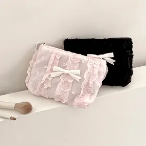 Beauty case carini in pizzo rosa e nero con fiocchi e grande capacità per cosmetici