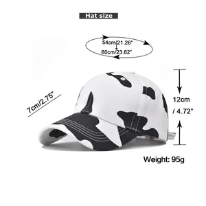 Size chart for cow print cotton baseball cap showing 54-60cm head circumference details