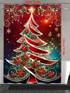 Detail of 180x180cm Christmas shower curtain with artistic tree and poinsettia print