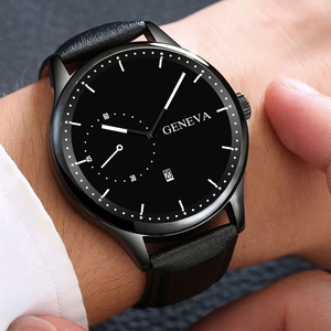 Classic GENEVA men's watch with black leather strap and calendar dial on wrist