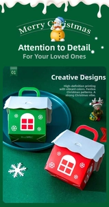 Detail showing red and green house-shaped Christmas gift boxes with handle and snowflake patterns