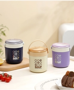 Three-piece insulated stainless steel soup containers with portable handles in soft colors