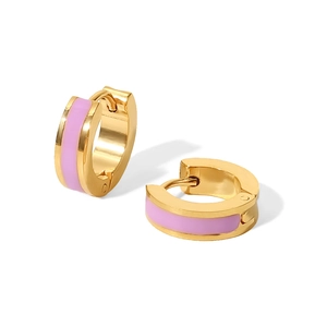 Detail of 18K gold stainless steel hoop earrings with light purple enamel stripes