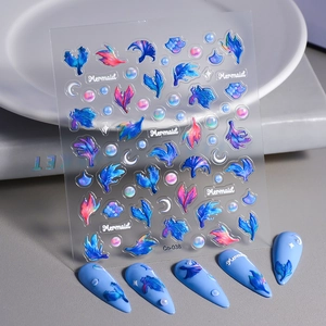 5D embossed ocean mermaid nail stickers with blue coral and pearl designs in relief