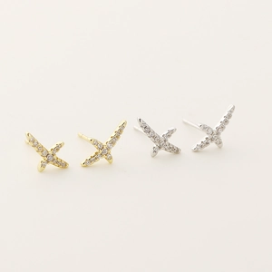 S925 silver geometric X-shaped stud earrings in gold and silver finish with diamonds