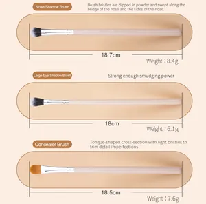 Size chart for nose shadow, large eyeshadow and concealer brushes with dimensions