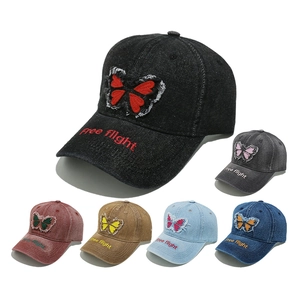 Washed Denim Cotton Baseball Cap Butterfly Patch Embroidery Adjustable Sun Protection Vintage Distressed Hat For Women