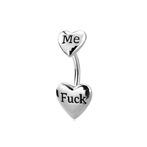 Silver punk heart navel ring set with engraved letters on a clean white background