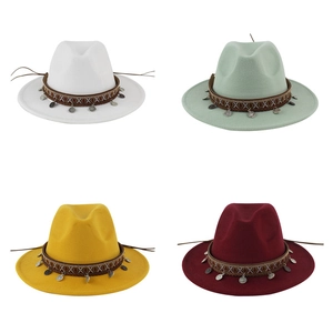 Detail view of ethnic felt fedora hats with Tibetan style coin charm band in four colors