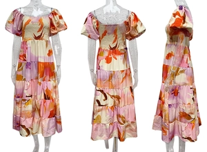 Detail view of floral print puff sleeve dress with tiered skirt and smocked bust design