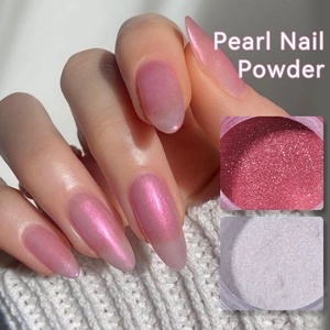 Iridescent pearl nail powder with pink and white shimmer for mermaid chrome nail effects