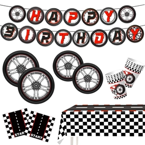 Racing birthday party kit with tire banner, racing track napkins and checkered tablecloth