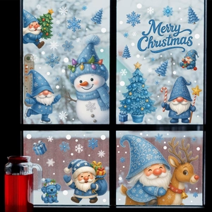 Detail of blue Christmas gnome static window clings with snowflakes and decorative trees