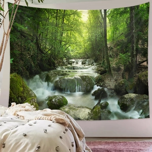 Detail of forest stream tapestry made from lightweight polyester for home wall decor
