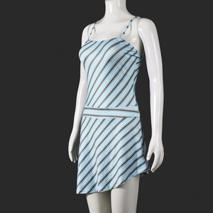 Detail of blue and brown diagonal striped one-piece swimsuit with asymmetrical hem