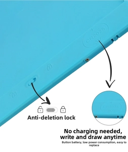 Detail view of the LCD writing tablet featuring the lock switch and CR2025 battery compartment