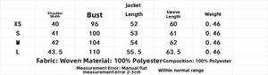 Detailed size chart for women's soft short jacket including XS to L measurements
