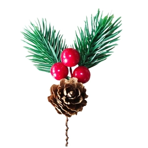 Artificial Christmas pine picks with red berries and pine cones for festive holiday DIY decor