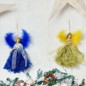 Detail of blue and gold feather angel Christmas ornaments with resin wings and glitter dress