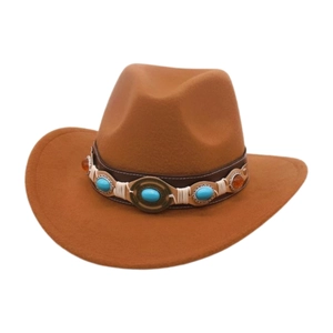 Close-up of brown felt fedora hat featuring ethnic style turquoise and amber stone belt