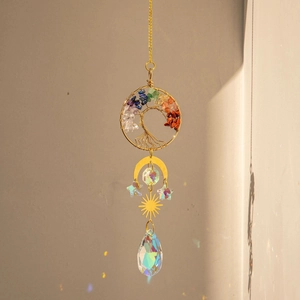 Brass tree of life suncatcher with colorful crystals and faceted glass pendant