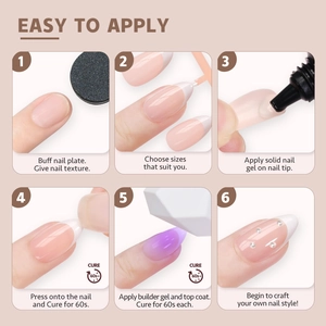 Detailed six-step guide for applying French press-on nails with solid gel and UV lamp